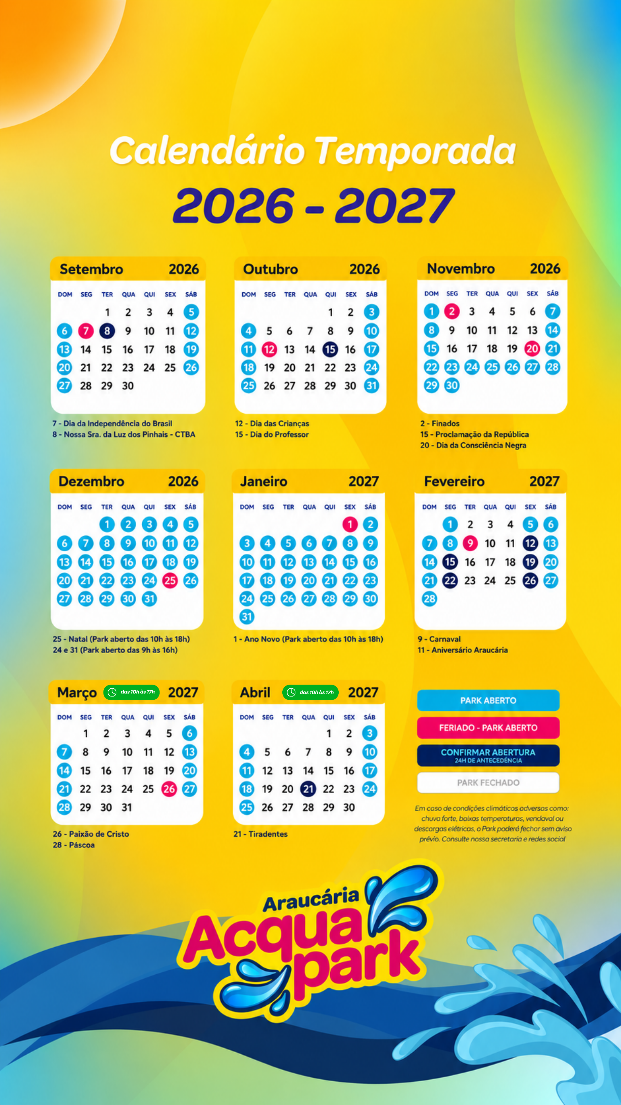 Calendário completo da temporada 2026 - 2027 do Araucária Acqua Park