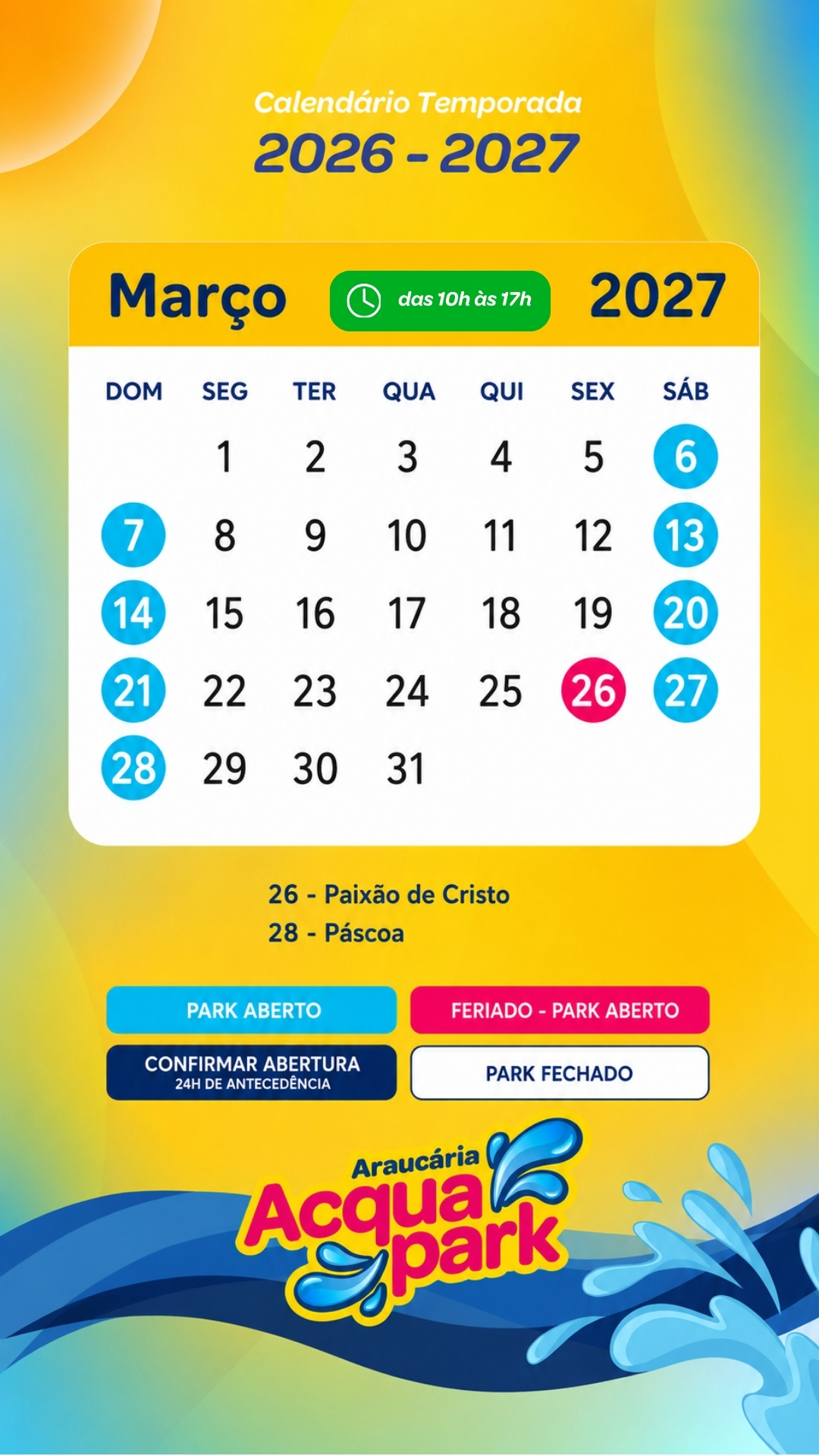 Calendário de Março de 2027 do Araucária Acqua Park